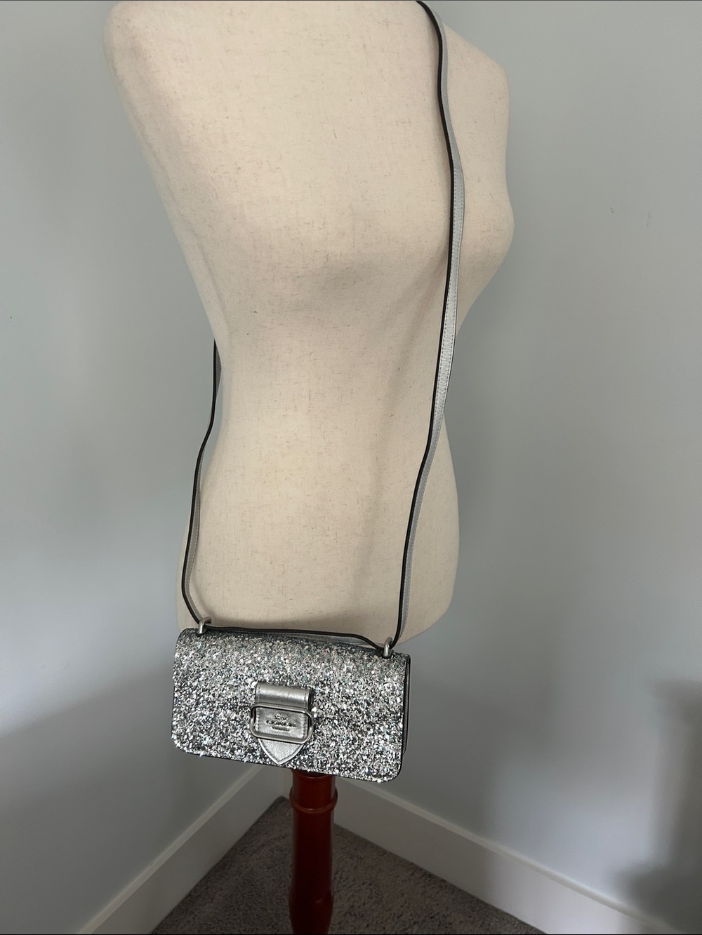 NWOT Coach Silver Glitter Crossbody Bag with Front Clasp